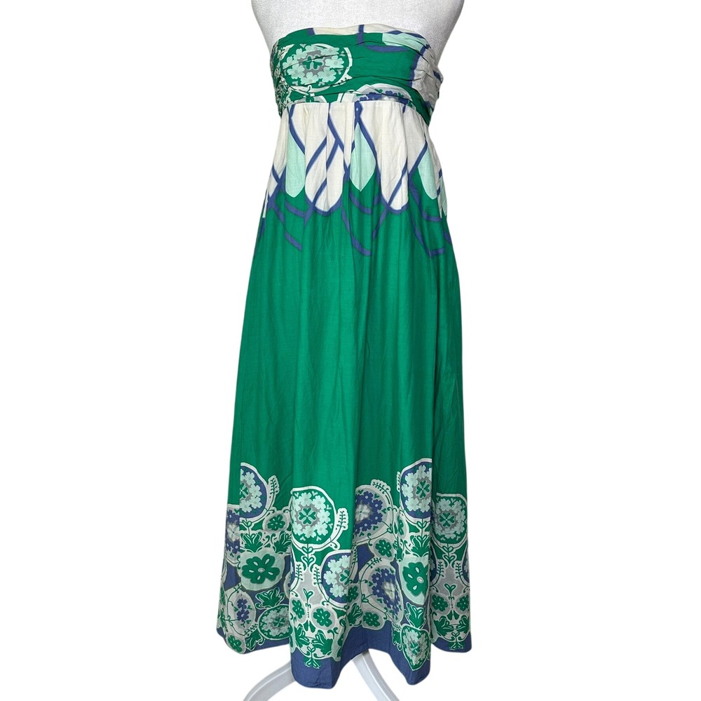 Moulinette Soeurs Maxi Dress Women 4 Green Floral Strapless Cotton Empire Waist